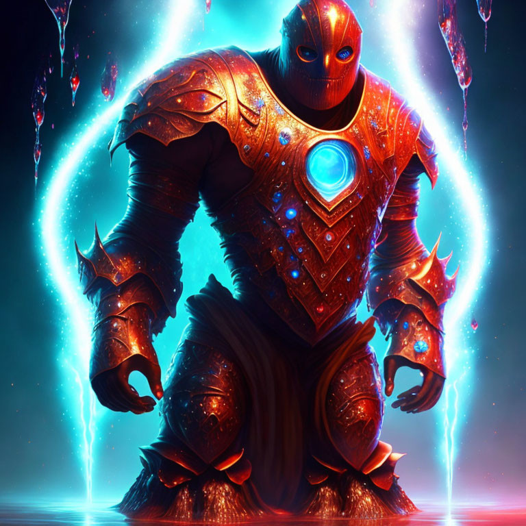 Colorful digital artwork of armored figure with blue accents and energy against dynamic backdrop