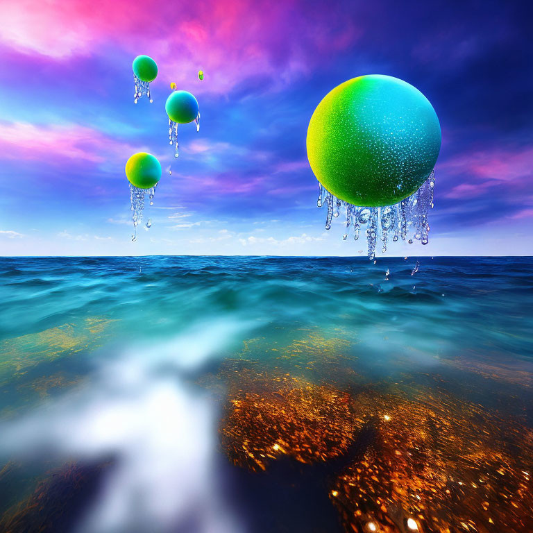 Colorful orbs and water droplets above vibrant ocean under dramatic sky