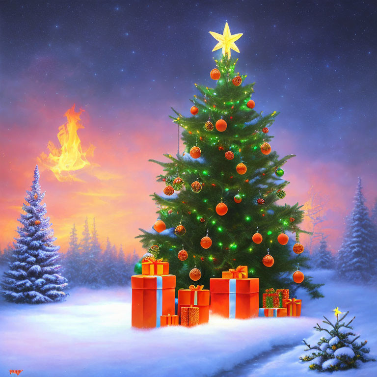 Outdoor Christmas scene with decorated tree, star, gifts, snowy landscape, and fire.