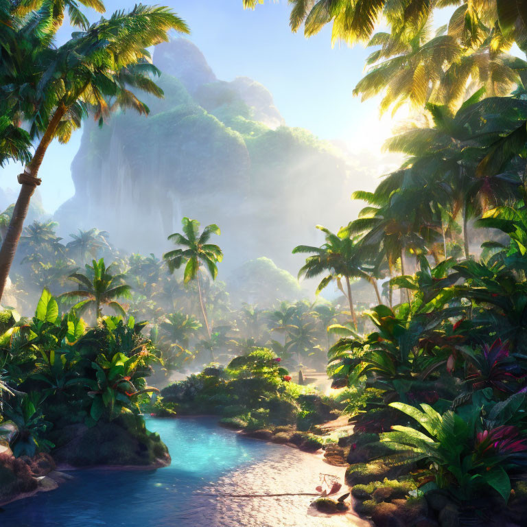 Tranquil Tropical Paradise with Lush Greenery and Serene River
