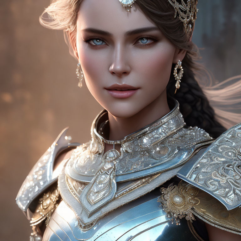 Digital Artwork: Woman in Silver Armor with Blue Eyes