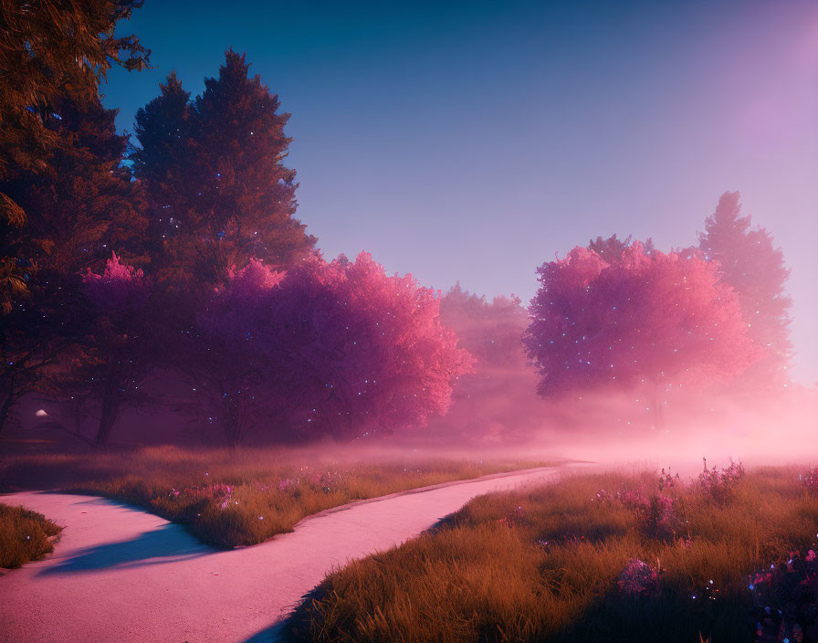 Mystical forest with winding path, pink and purple hues, soft fog, and ethereal light