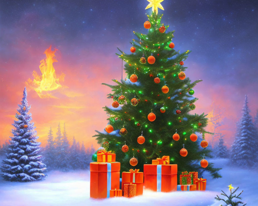 Outdoor Christmas scene with decorated tree, star, gifts, snowy landscape, and fire.
