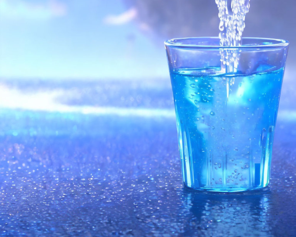 Transparent glass with blue liquid and pouring water creating bubbles on wet surface, blue-lit background