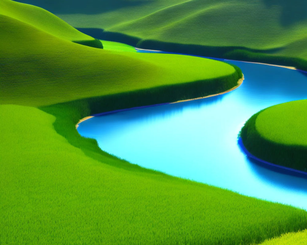 Scenic green hills and winding river under clear blue sky