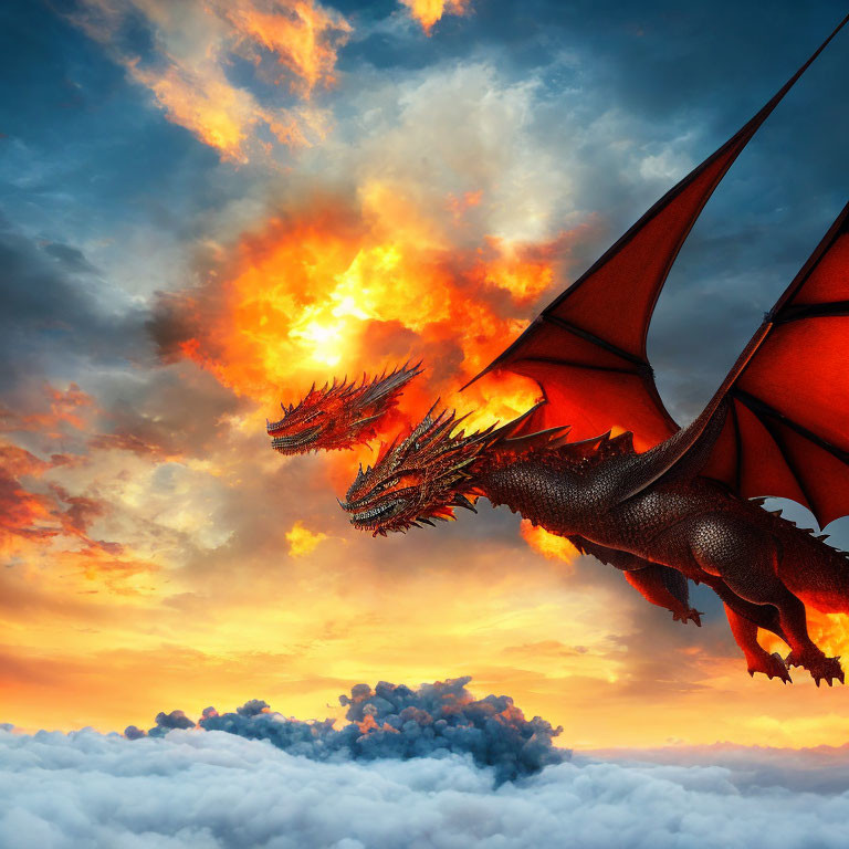 Majestic red dragon with multiple heads flying in dramatic sunset sky