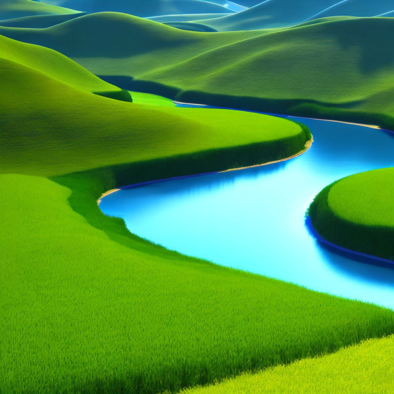 Scenic green hills and winding river under clear blue sky