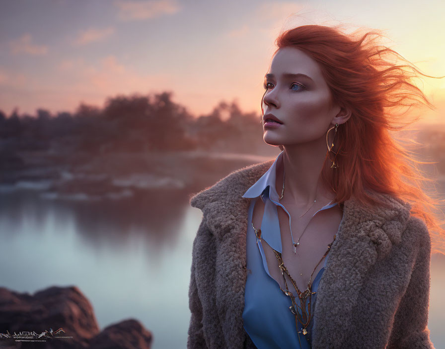 Red-haired woman in contemplation at dusk by serene lakeside