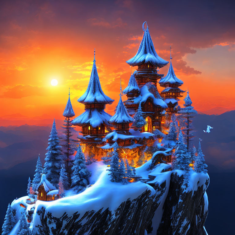 Mountain-Top Castle at Sunset with Snow-Covered Trees and Glowing Lights