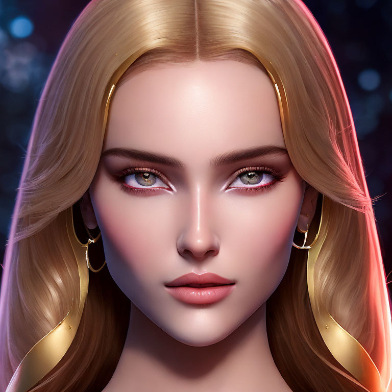 Blond-haired woman with green eyes and gold earrings in dark digital portrait