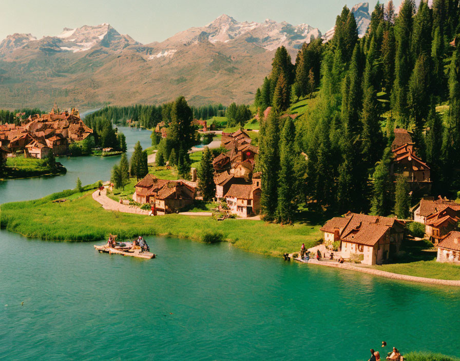 Scenic village by lake with boats, greenery, and mountains