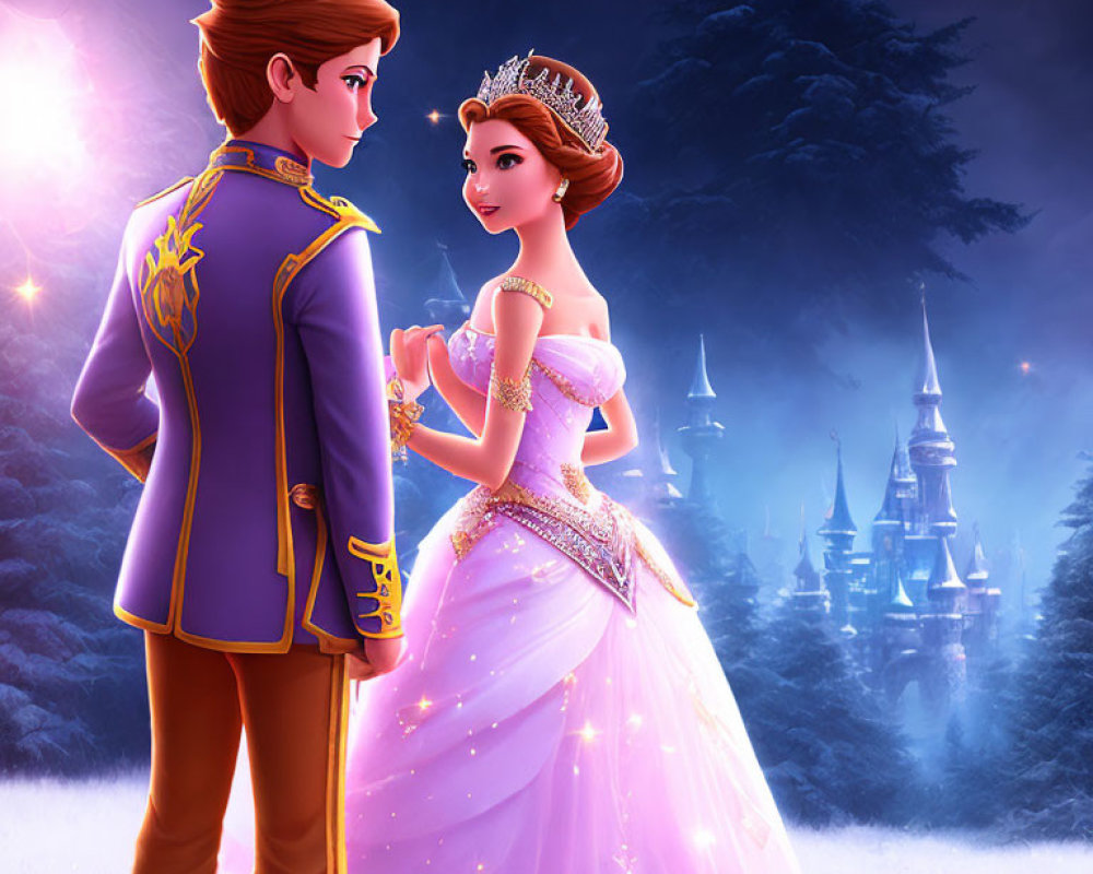 Animated prince and princess in elegant attire share a romantic moment in front of a magical castle in a glowing