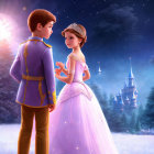Animated prince and princess in elegant attire share a romantic moment in front of a magical castle in a glowing