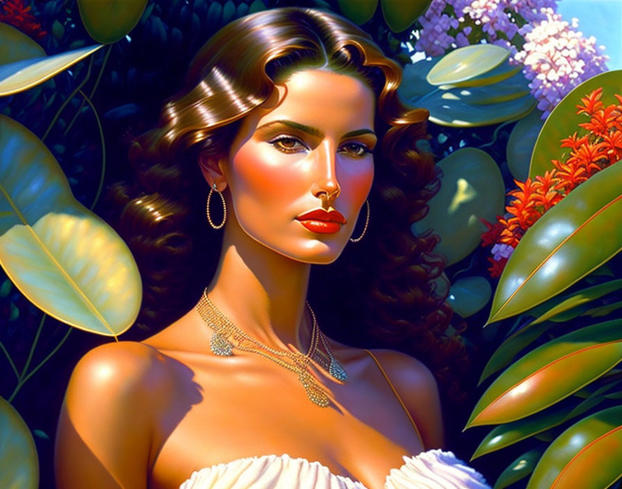 Stylized portrait of woman with makeup and jewelry against green leaves and purple flowers