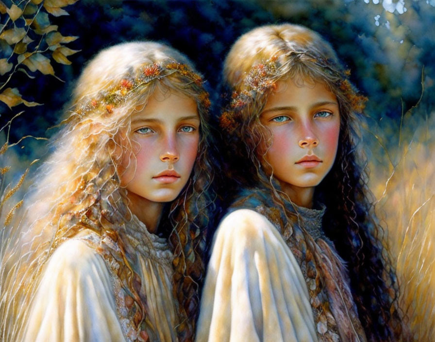 Two young girls with wavy hair in floral wreaths, serene and contemplative in sunlit natural