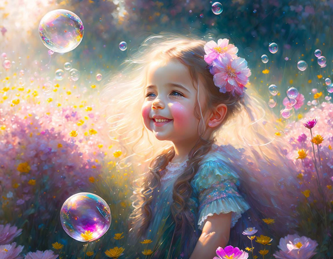 Young girl with flower-adorned hair in sunny meadow with bubbles