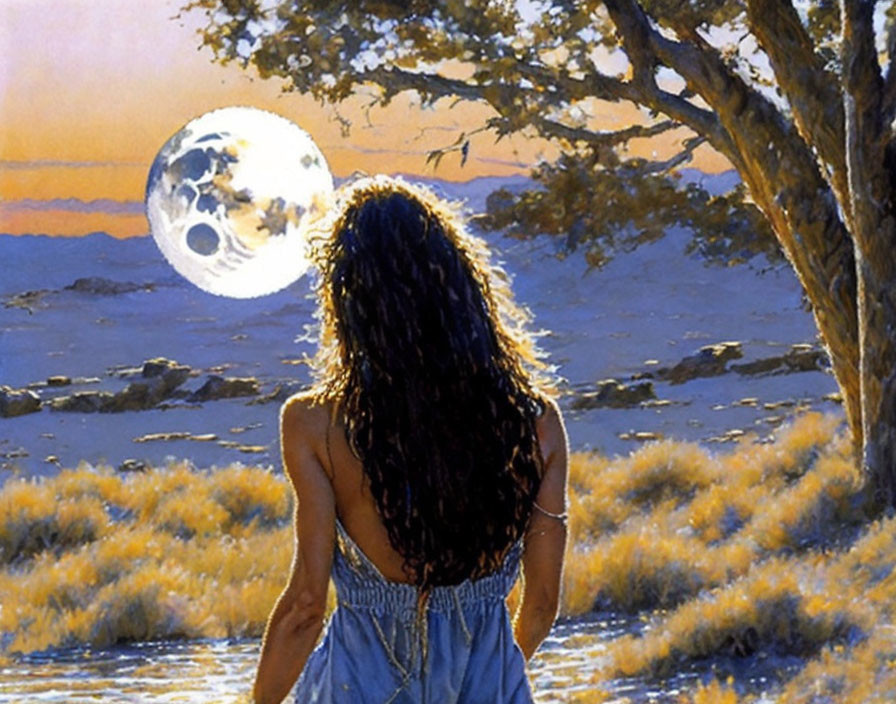 Woman in sundress gazes at full moon in twilight wilderness