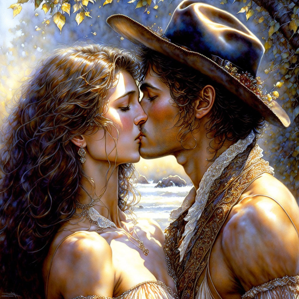 Romantic couple kissing in golden-hued setting with foliage and water