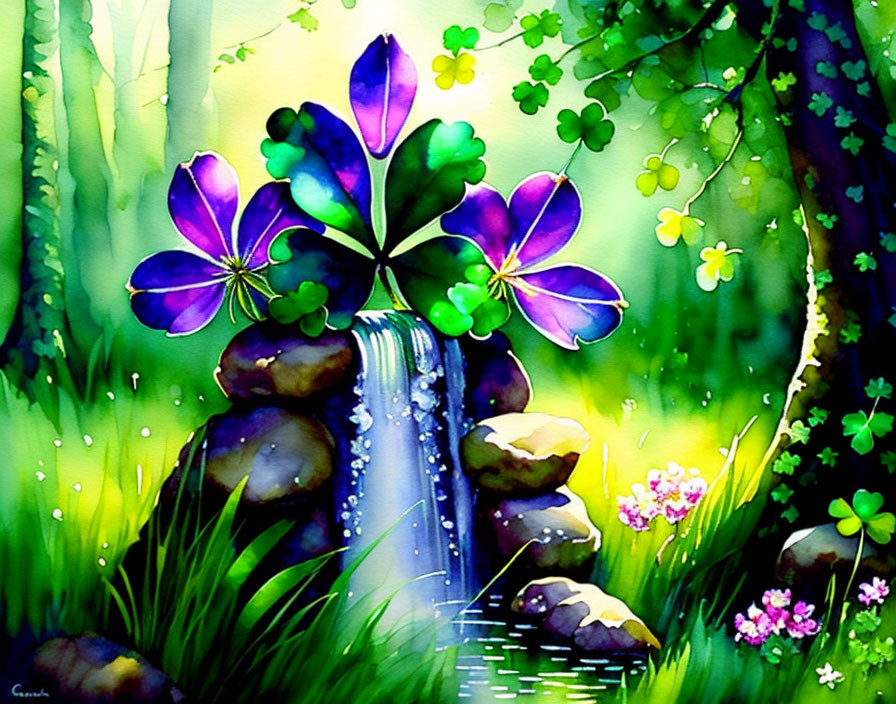 Whimsical fountain with purple flowers in lush forest