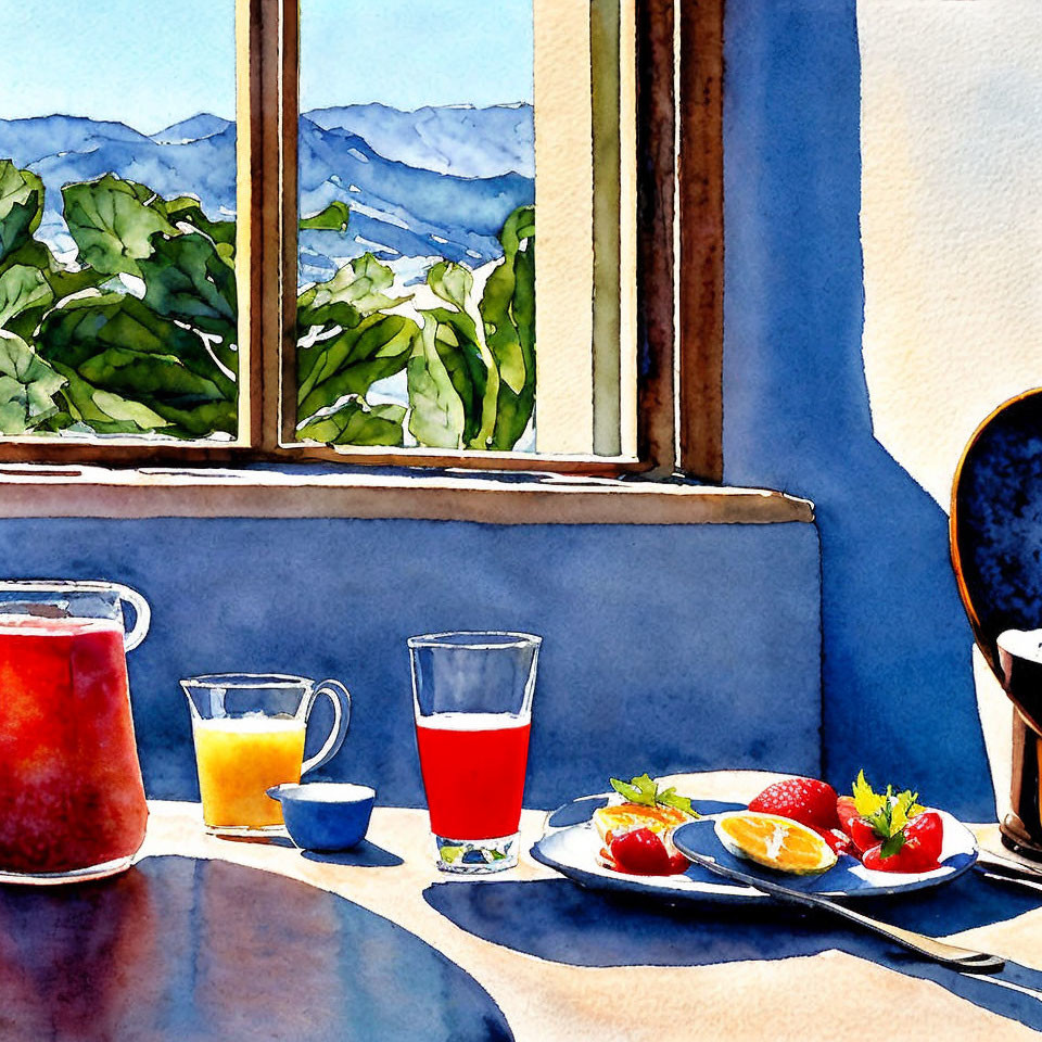 Colorful Watercolor Painting of Breakfast Scene with Mountain View