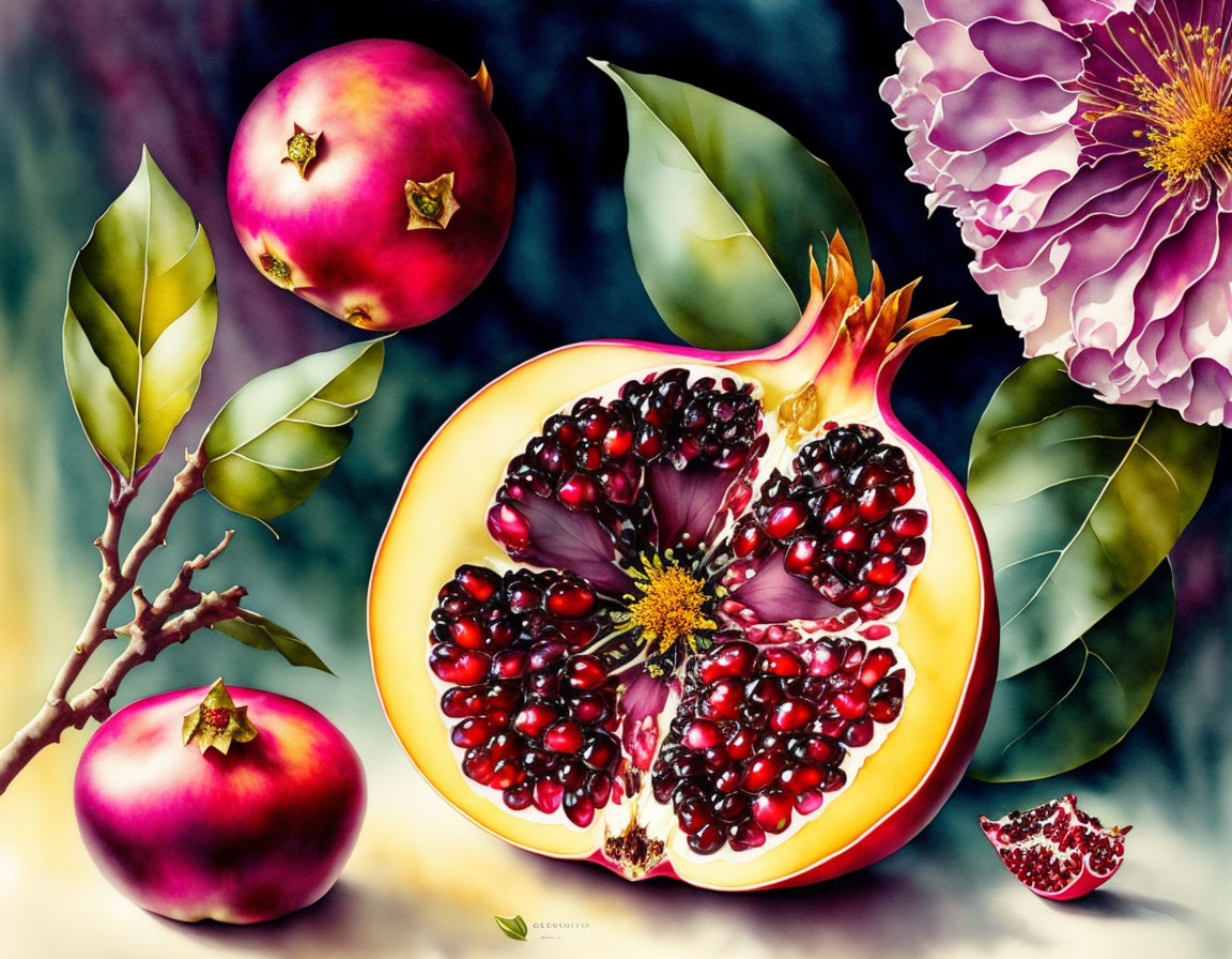 Detailed illustration of cut pomegranate with seeds, whole and partial pomegranates, leaves