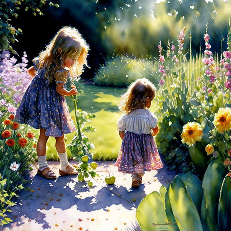 Young girls in floral dresses exploring vibrant garden scene
