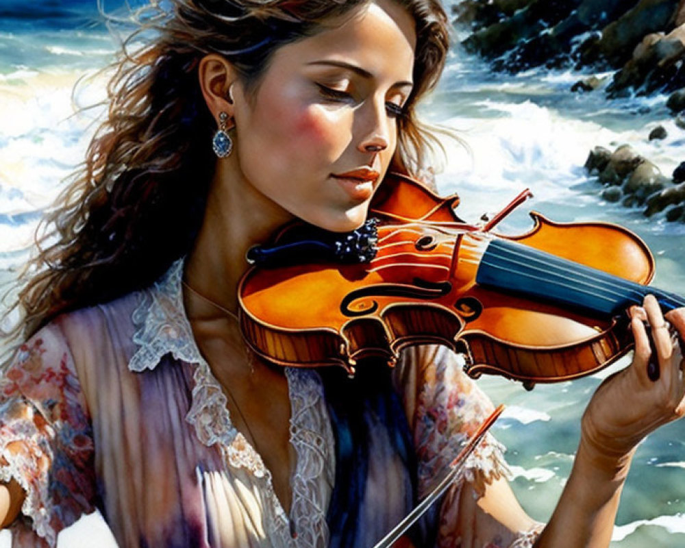 Woman with flowing hair playing violin by crashing waves and rocky cliffs
