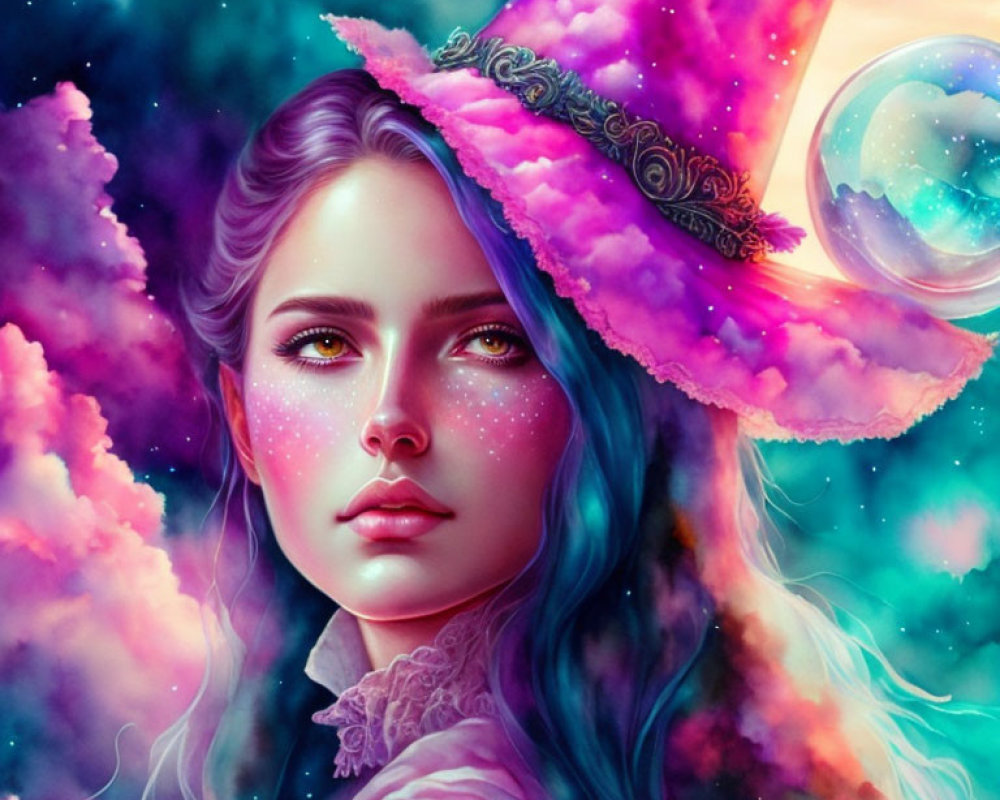 Fantasy sorceress digital art with galaxy-themed elements