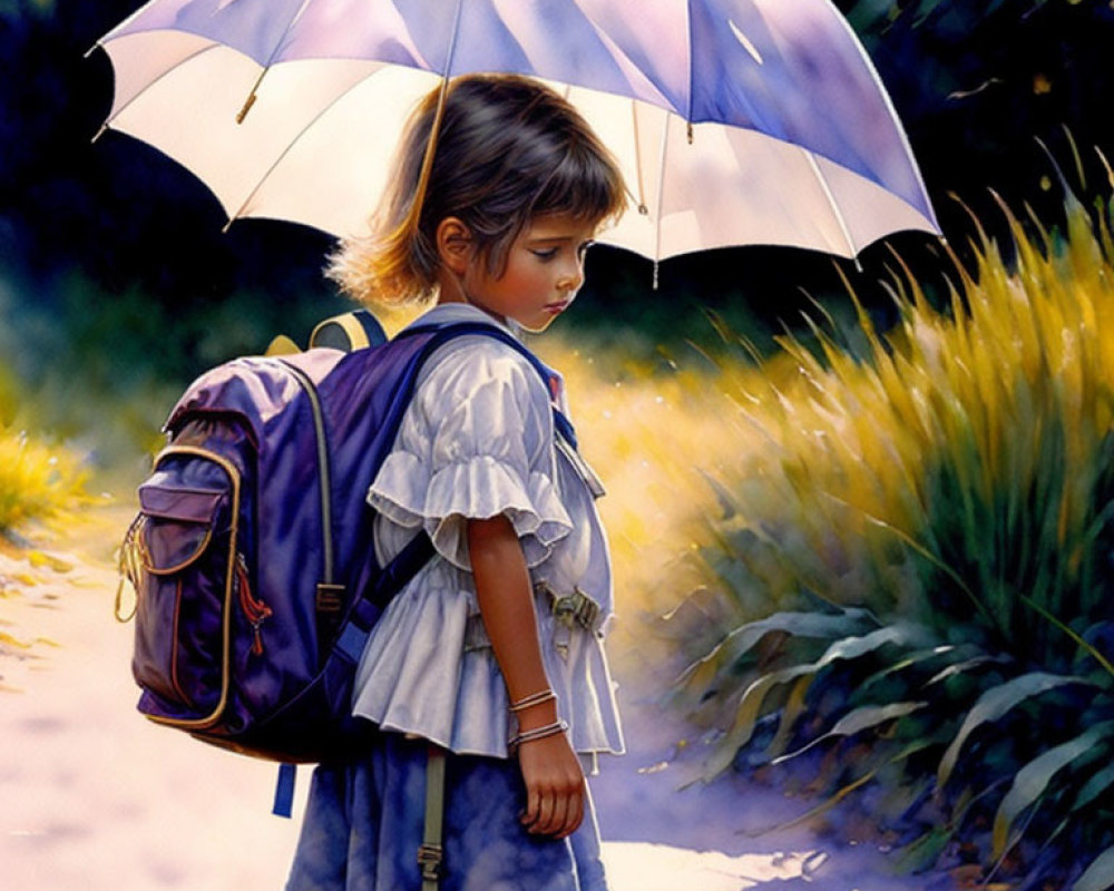 Young girl in blue dress with backpack and umbrella on sunlit path surrounded by greenery