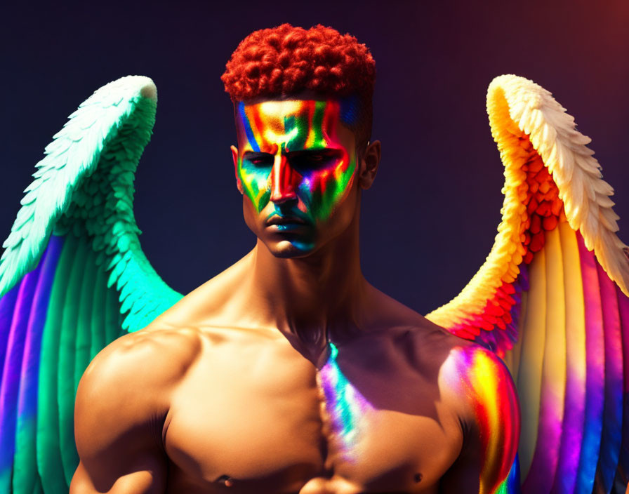 Shirtless man with rainbow body paint and angel wings on blue background
