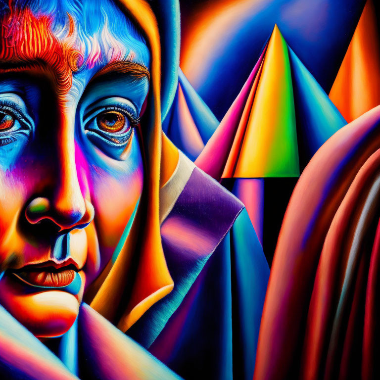 Colorful surreal portrait of female face against geometric background