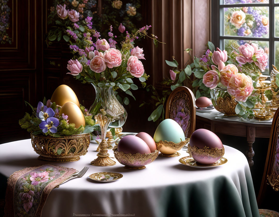 Pastel Easter eggs, golden holders, bouquets in wood-paneled room