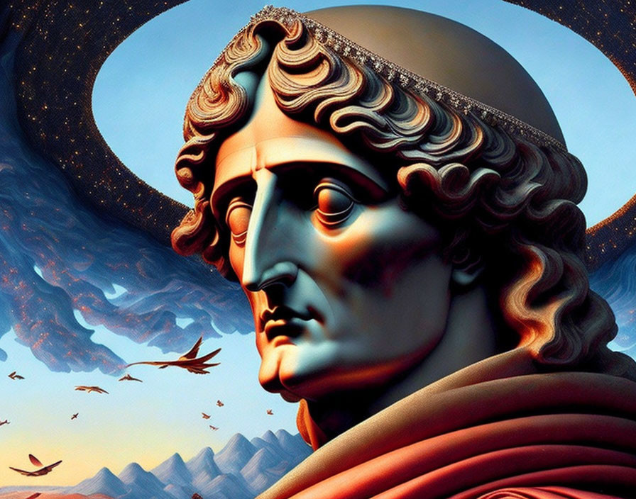 Digital artwork: Stylized classical sculpture with flowing hair and diadem against surreal sky, birds,