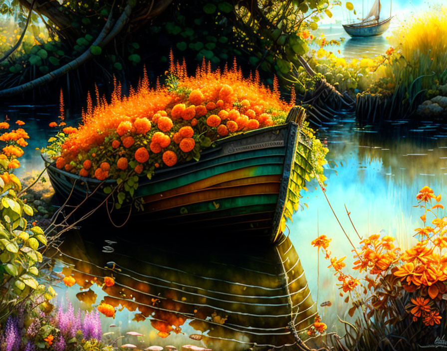 Colorful painting: Wooden boat with orange flowers on calm water