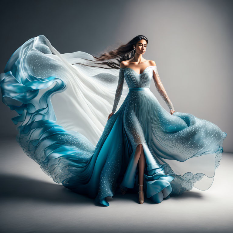 Woman in Blue & White Gradient Gown with Long Train on Grey Background