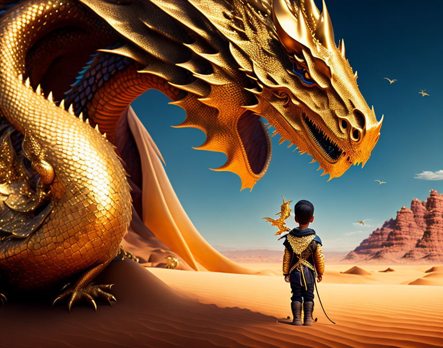 Medieval knight confronts golden dragon in desert landscape