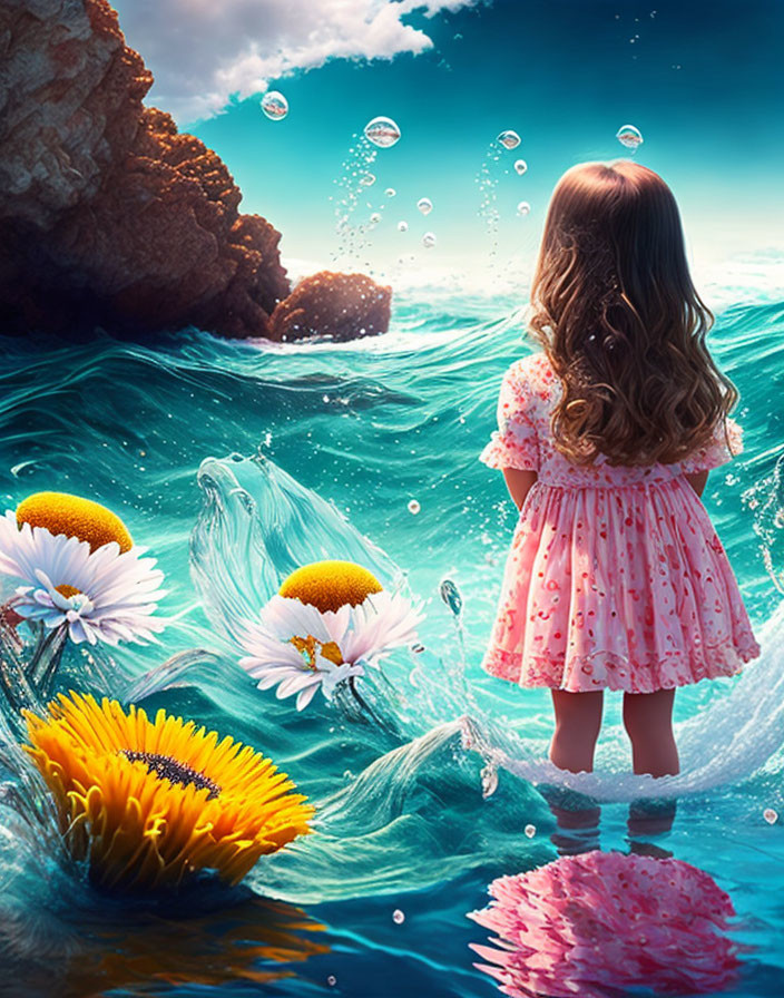 Young girl in pink dress by surreal sea with floating daisies and bubbles