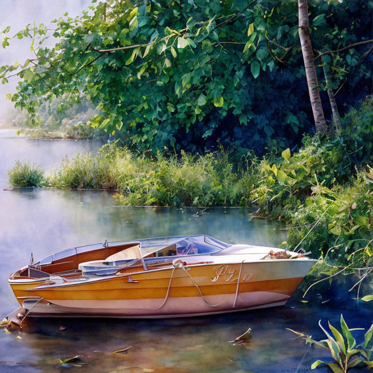 Tranquil painting of wooden rowboat "Joy" by lush riverside