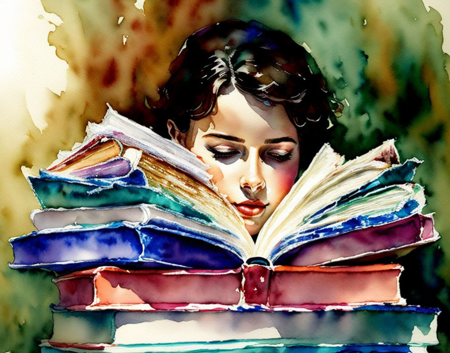 Colorful Watercolor Painting of Person Reading Book