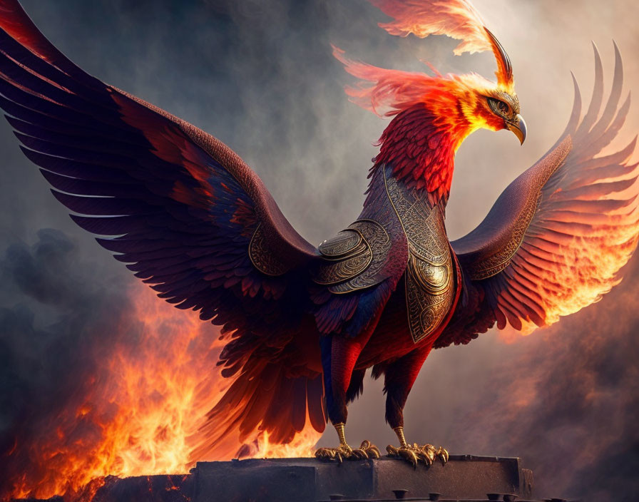 Vibrant red and blue phoenix with armor-like feathers perched on stone pedestal