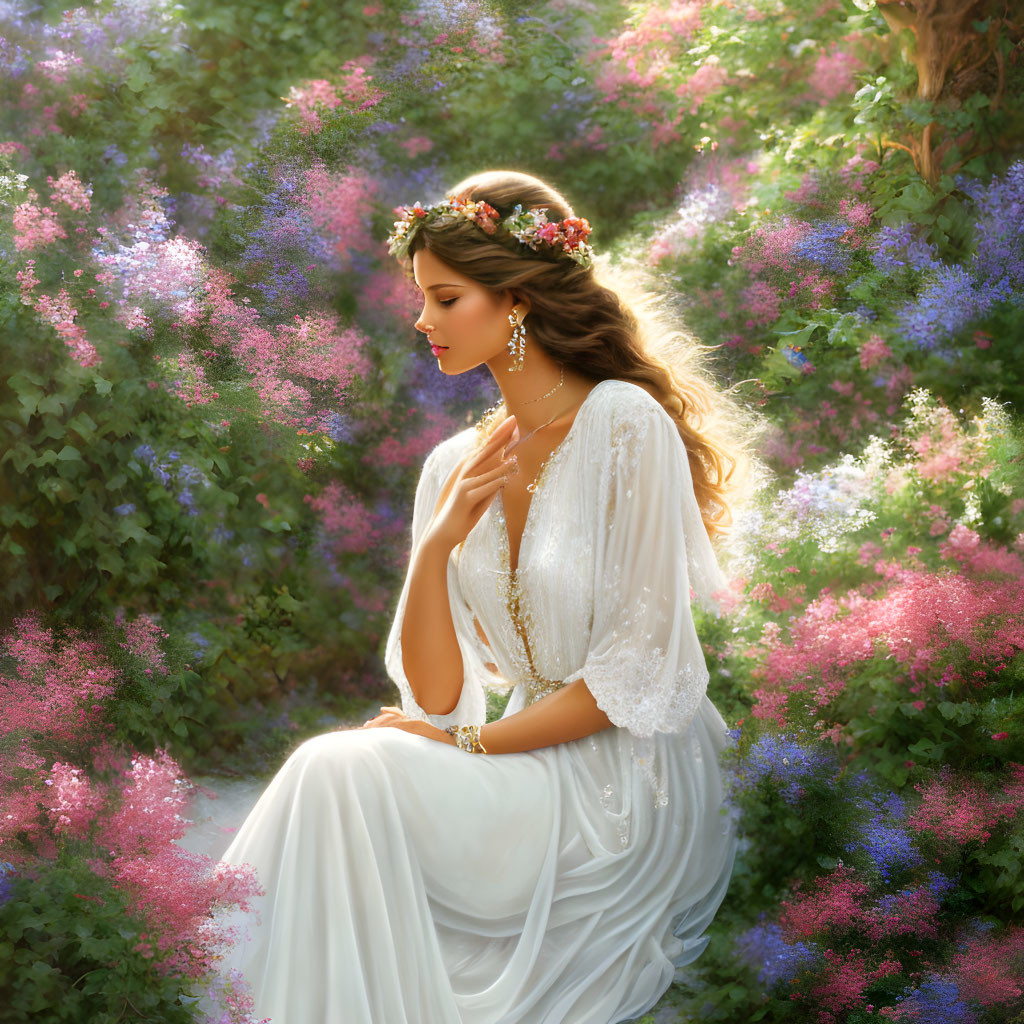Woman in White Gown Among Colorful Flowers and Ethereal Light