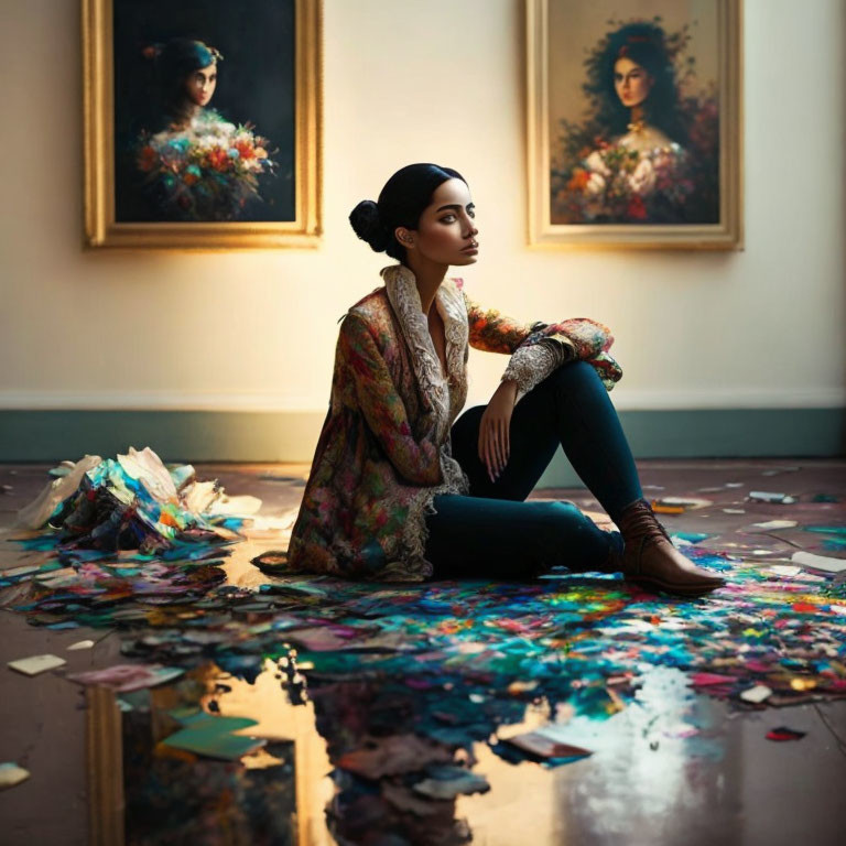 Woman surrounded by paint chips and framed portraits on wall