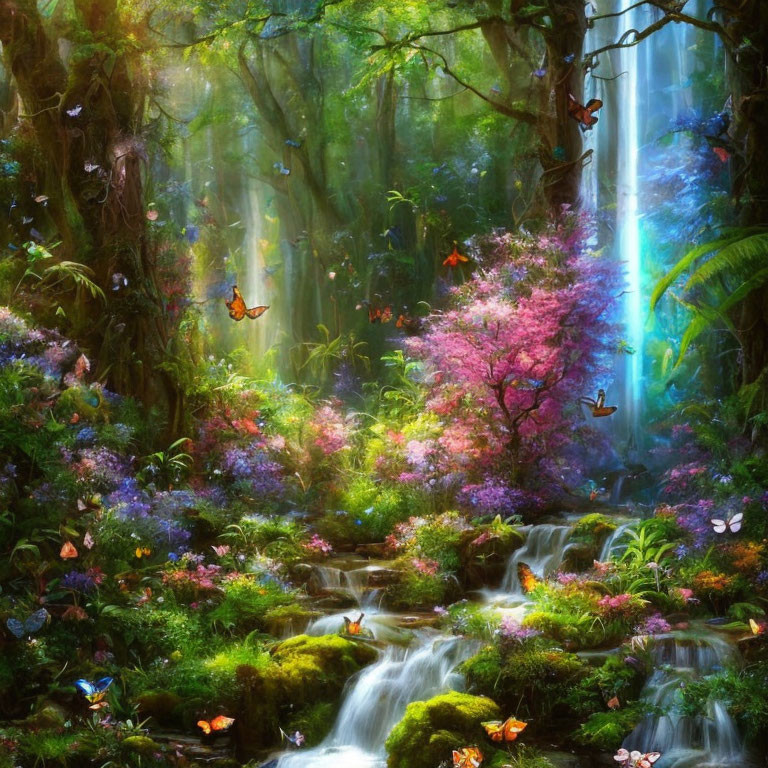 Lush forest scene with waterfall, greenery, flowers, and butterflies
