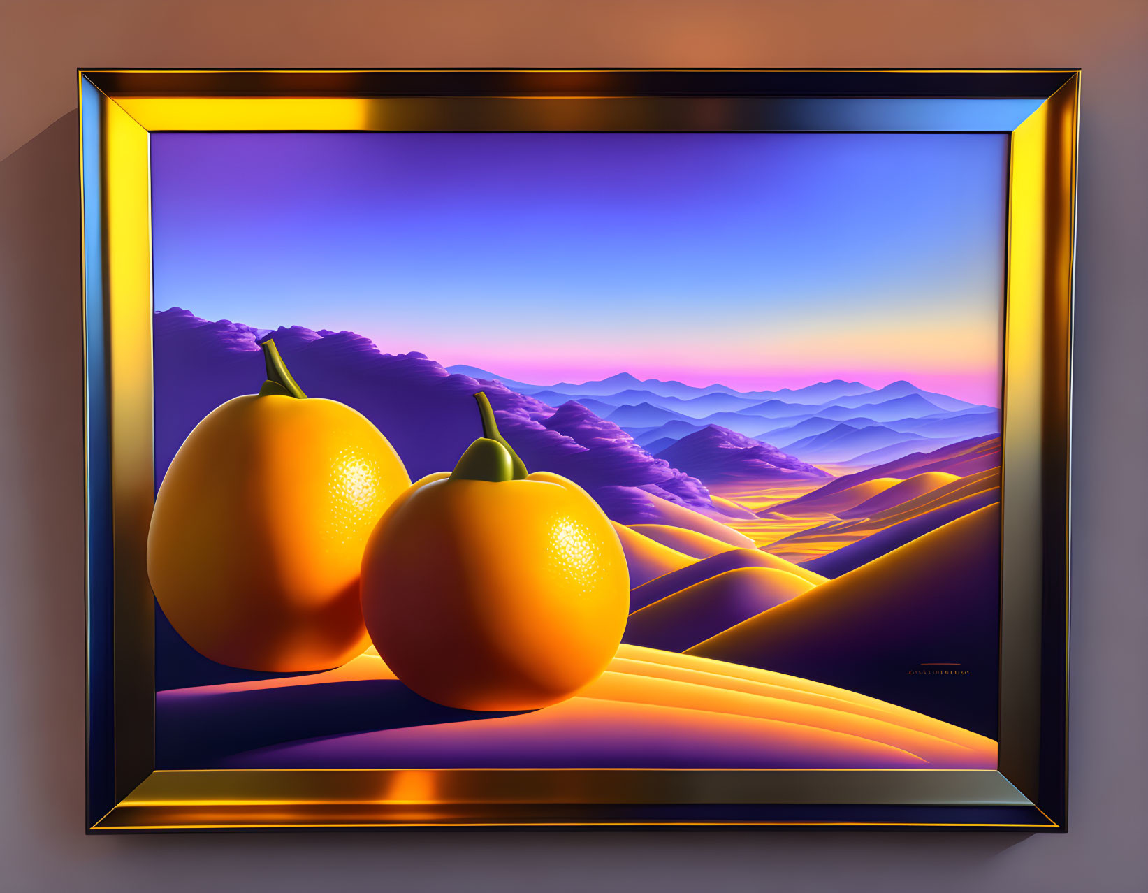 Vibrant artwork of glossy orange fruits on purple hills