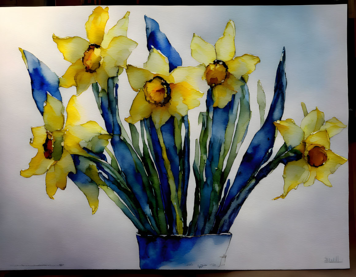 Vibrant yellow daffodils in blue vase on pale background