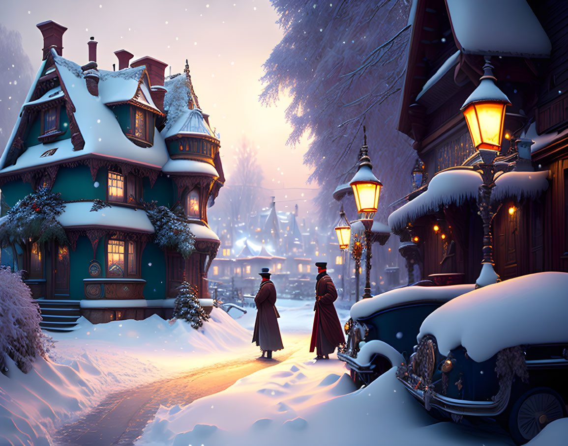 Vintage cars and gas lamps on snow-covered street with people in period clothes, creating cozy winter scene.
