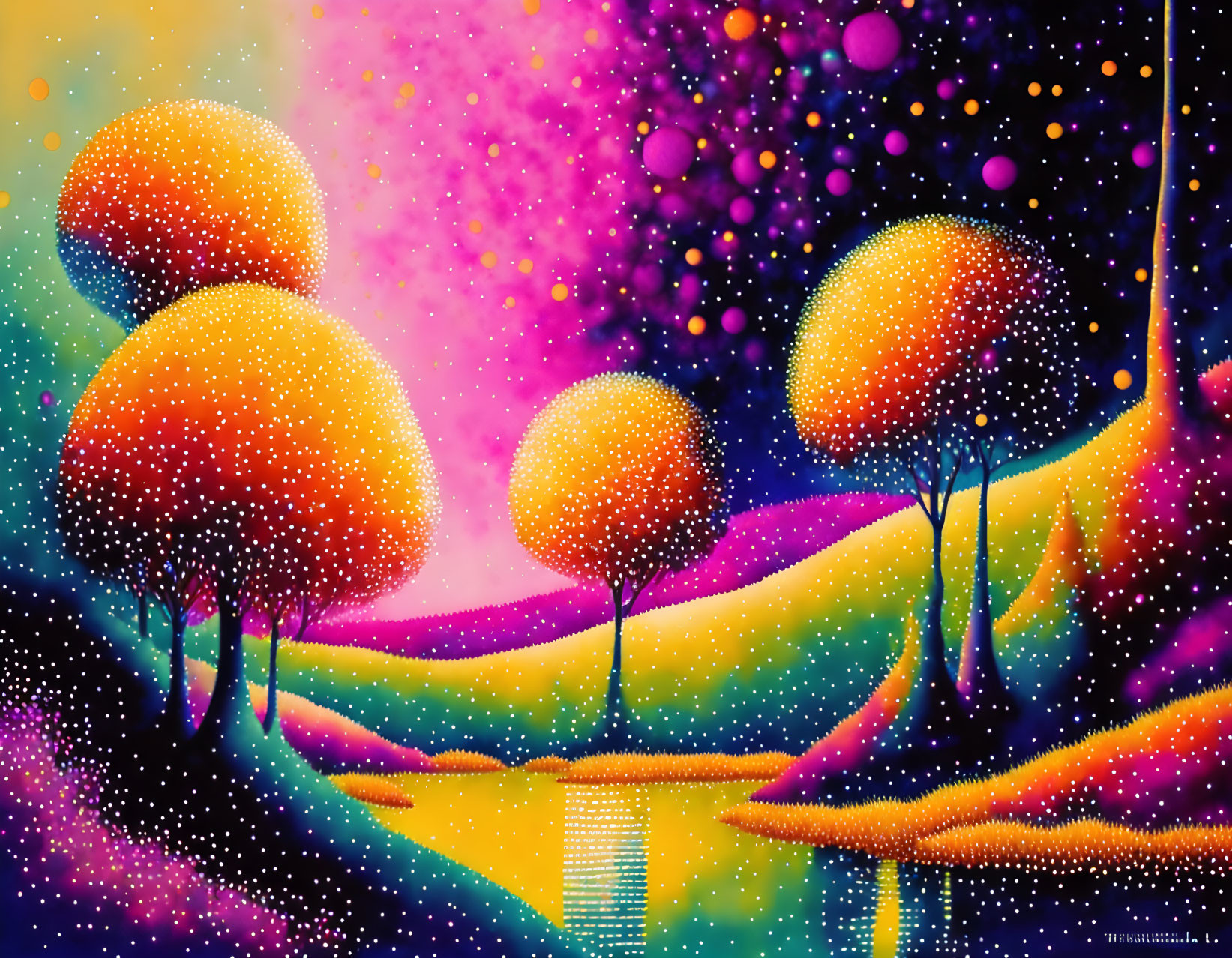 Colorful Psychedelic Landscape with Trees, Lake, and Celestial Sky