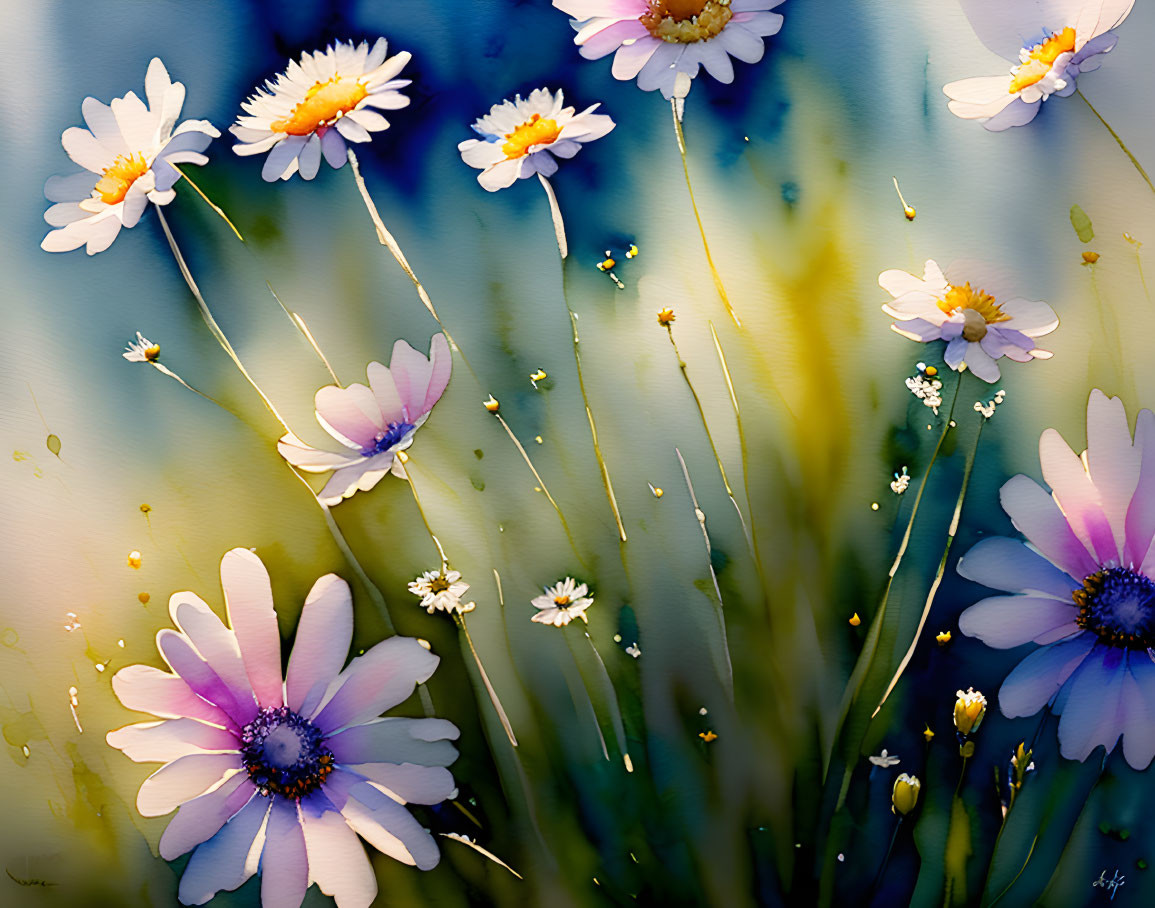Colorful daisy painting on blue and yellow background.
