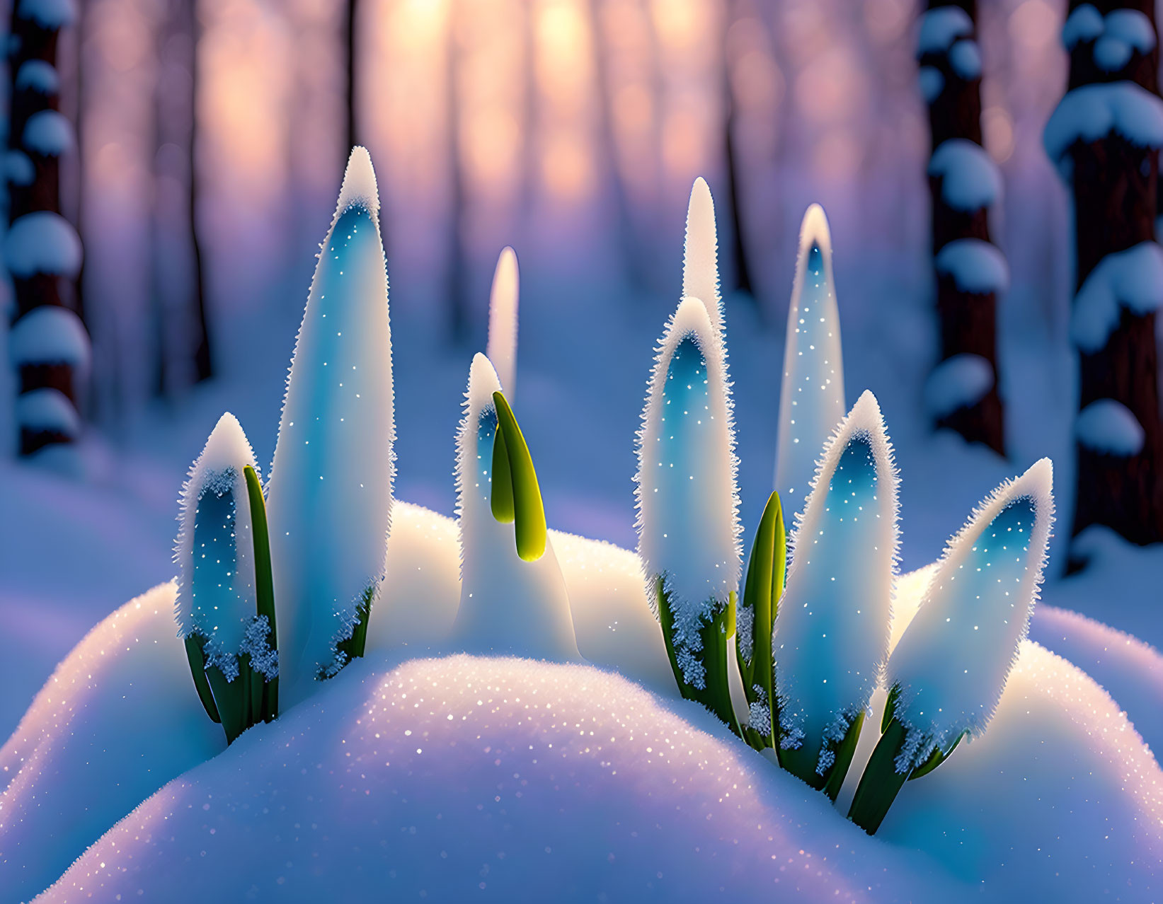 Winter sunrise illuminates snow-covered buds in forest landscape