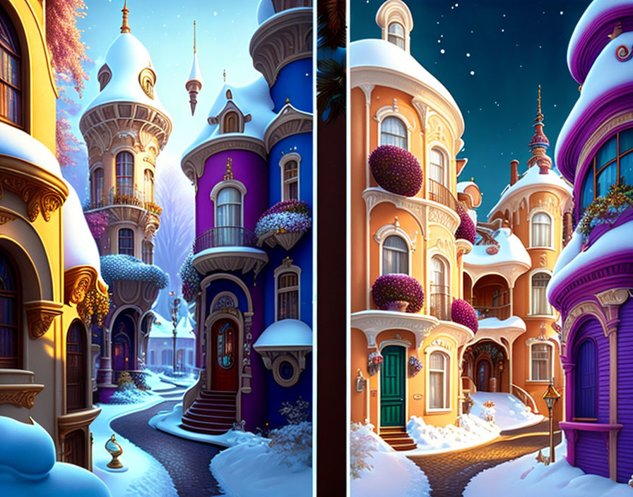 Snow-covered buildings in purple and golden hues under a starry night sky